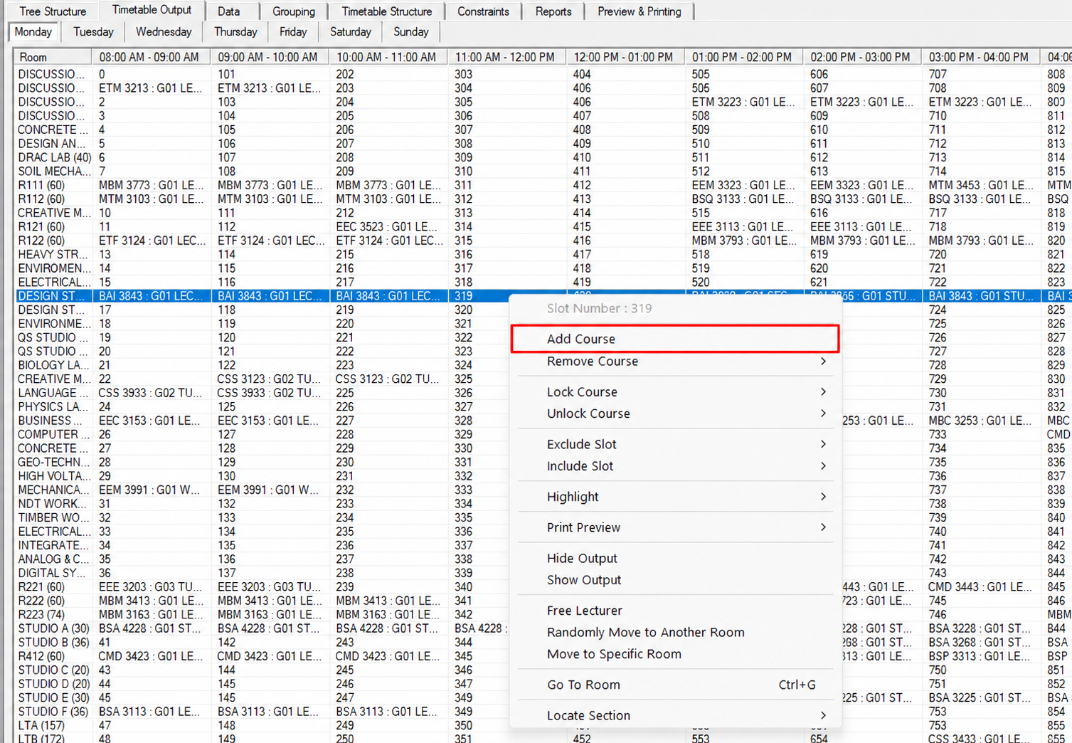 Add Course highlighted at the top of the right click menu on an empty slot
