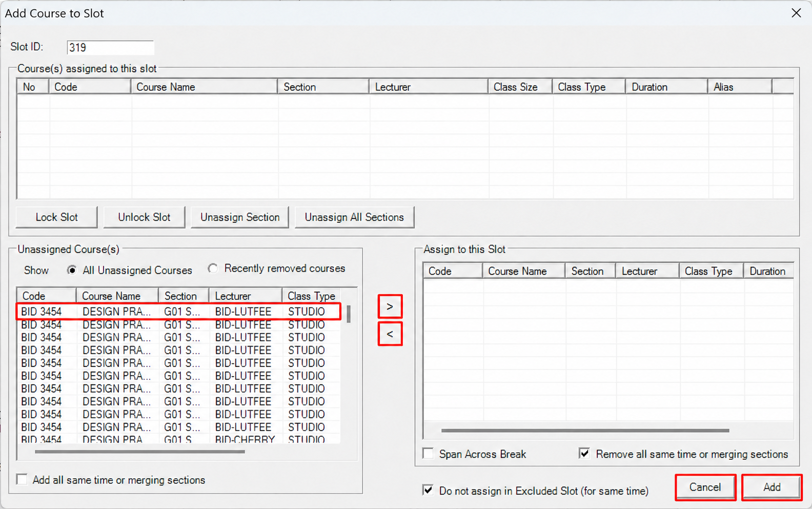 Add Course to Slot window with the unassigned course list on the left and the assign list on the right