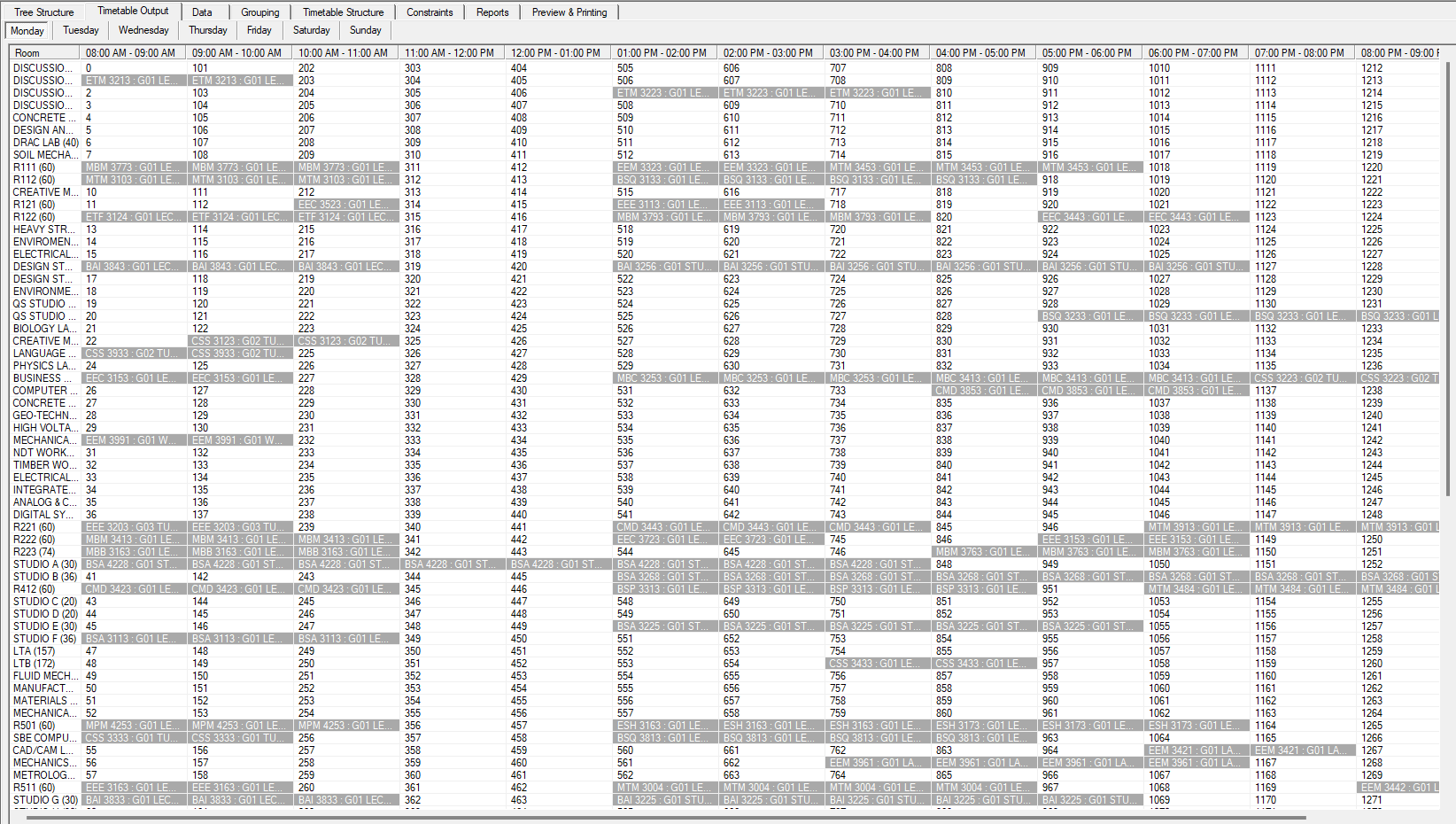 Timetable Output with the locked sections shown in grey