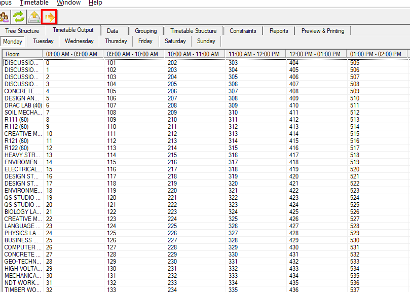 Generate Schedule icon on the toolbar above the empty Timetable Output grid