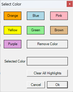 Select Color window with the colour buttons, Remove Color and Clear All Highlights