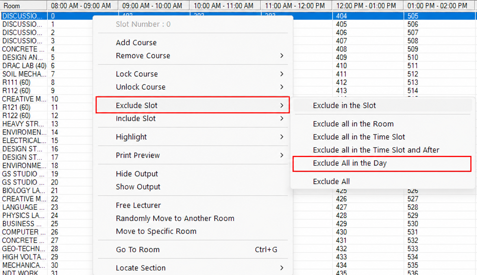 Exclude All in the Day option in the Exclude Slot submenu