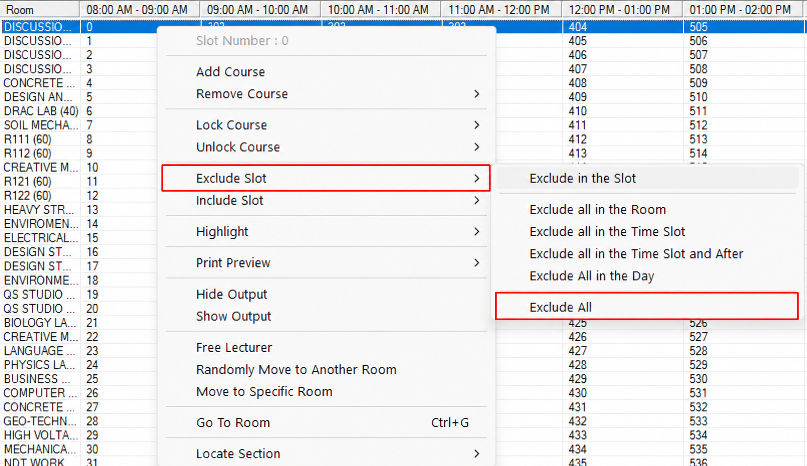 Exclude All option in the Exclude Slot submenu