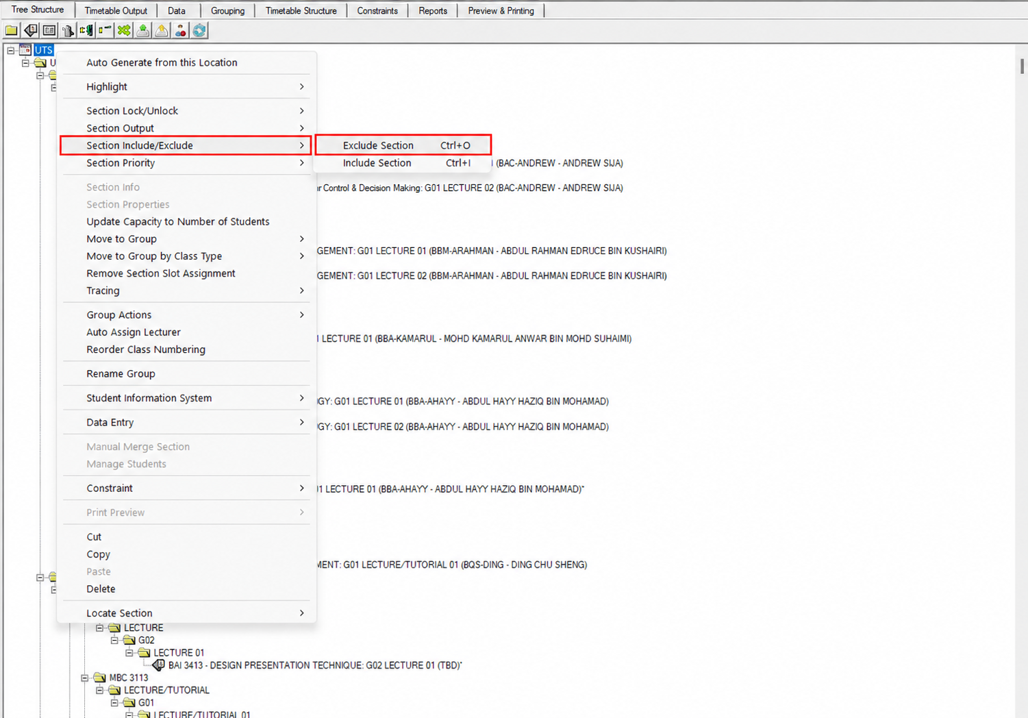 Section Include Exclude submenu in the Tree Structure with Exclude Section highlighted