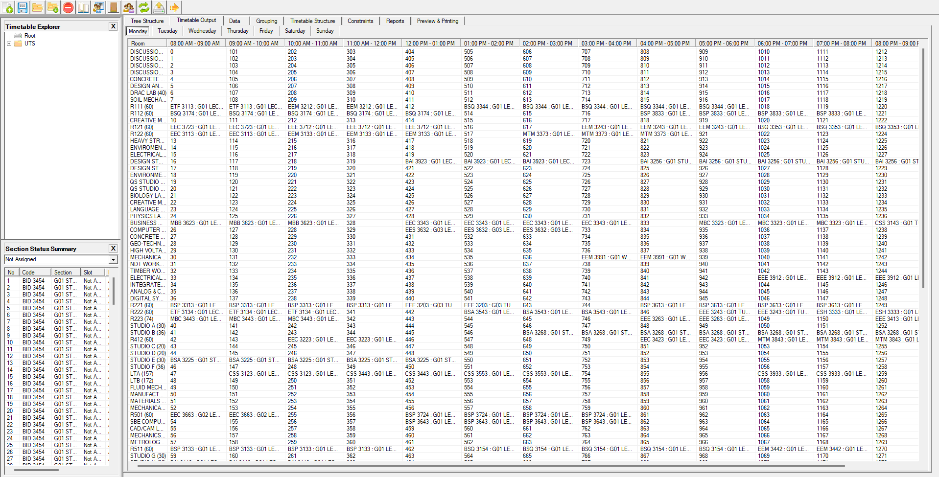 Timetable Output filled with the generated sections and the Section Status Summary panel