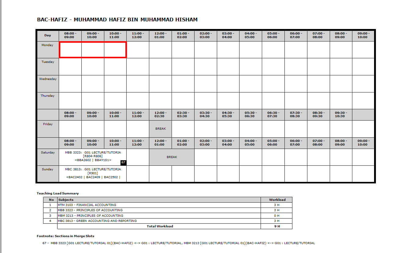 Lecturer timetable output with the hidden slot left empty