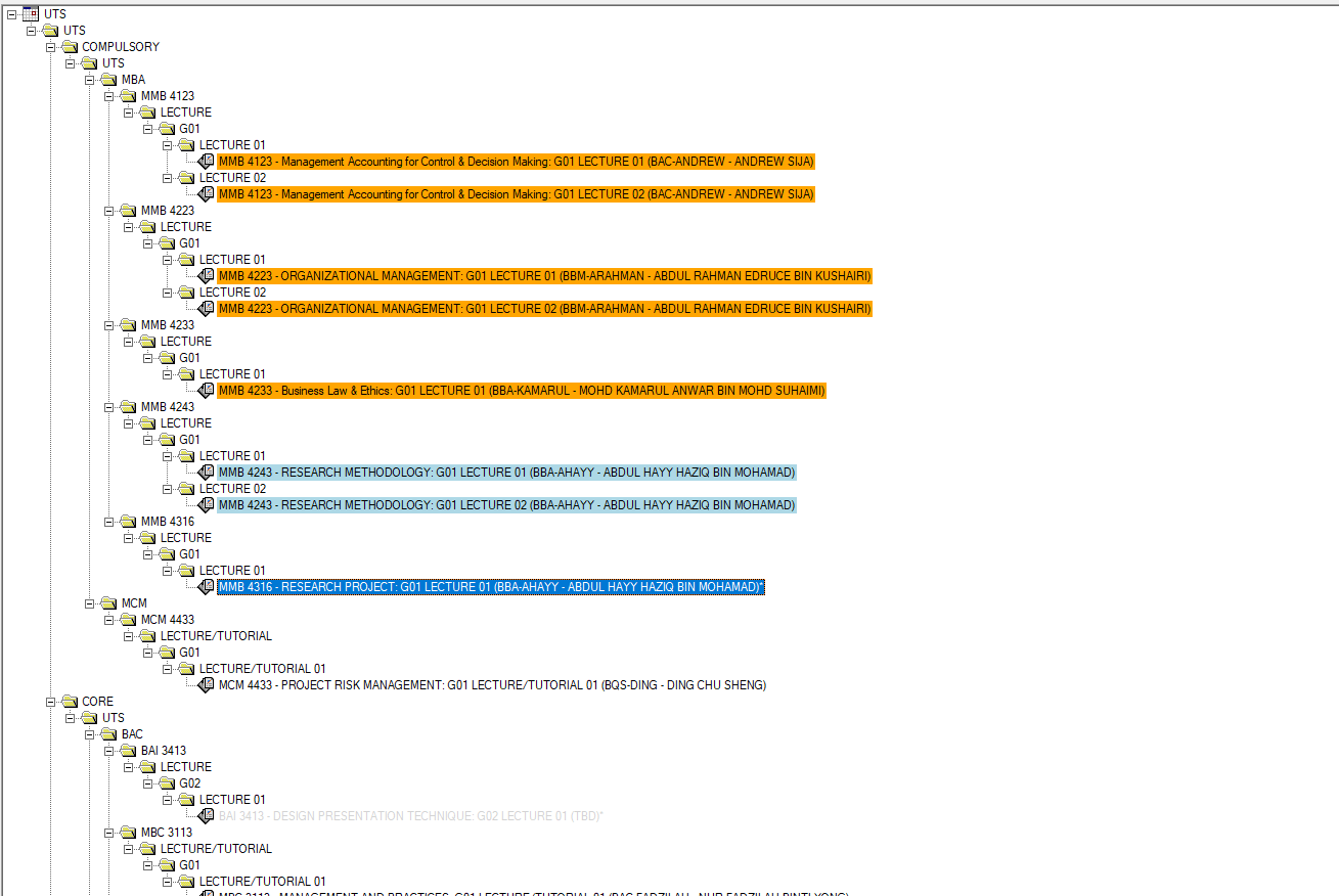 Tree Structure with the batch sections in orange and the lecturer sections in blue