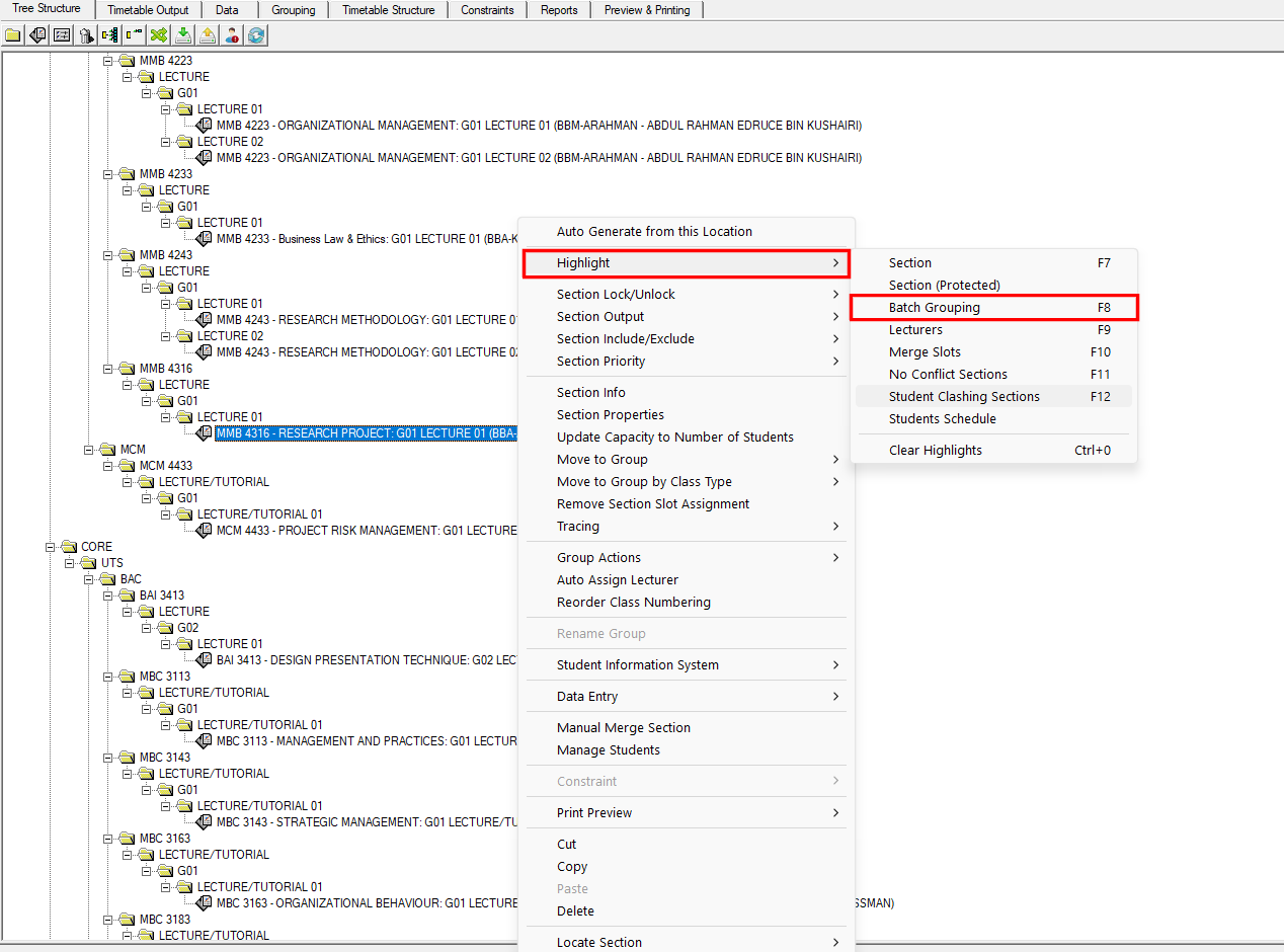 Batch Grouping option in the Highlight submenu, opened from a section in the Tree Structure