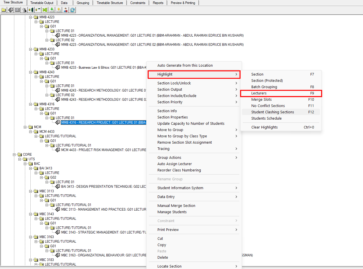 Lecturers option in the Highlight submenu, opened from a section in the Tree Structure
