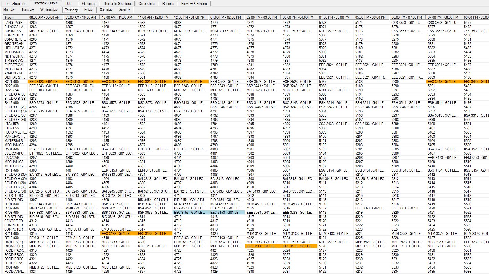 Timetable Output with the highlighted slots marked in orange and blue