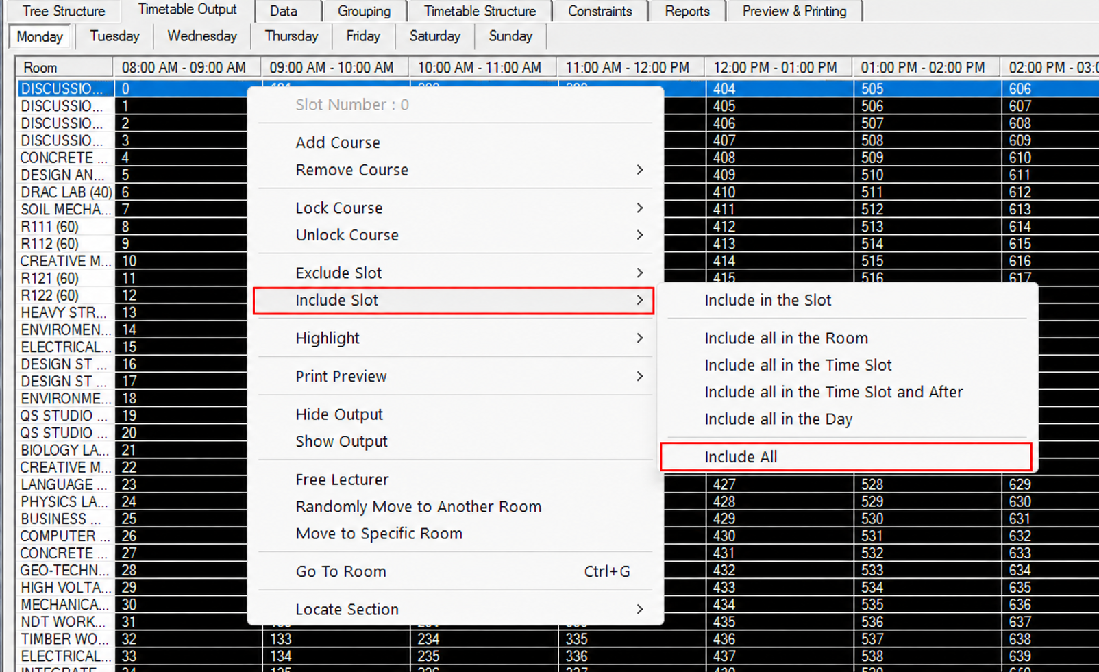 Include All option in the Include Slot submenu