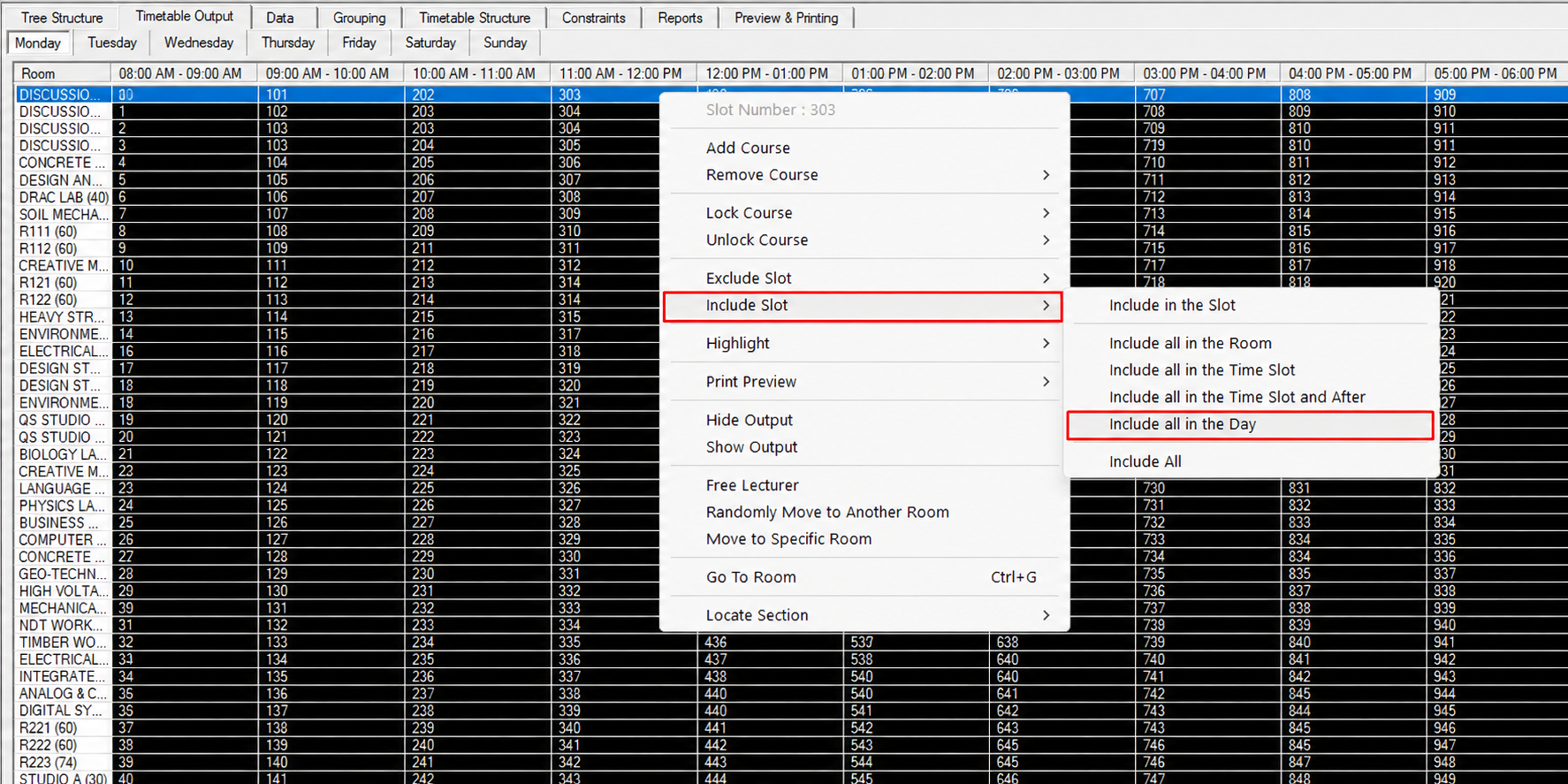 Include all in the Day option in the Include Slot submenu
