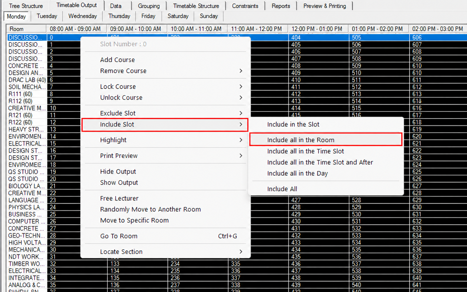 Include all in the Room option in the Include Slot submenu
