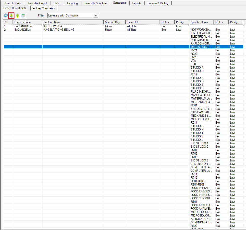 Filtered lecturer constraint list with the include button on the toolbar highlighted