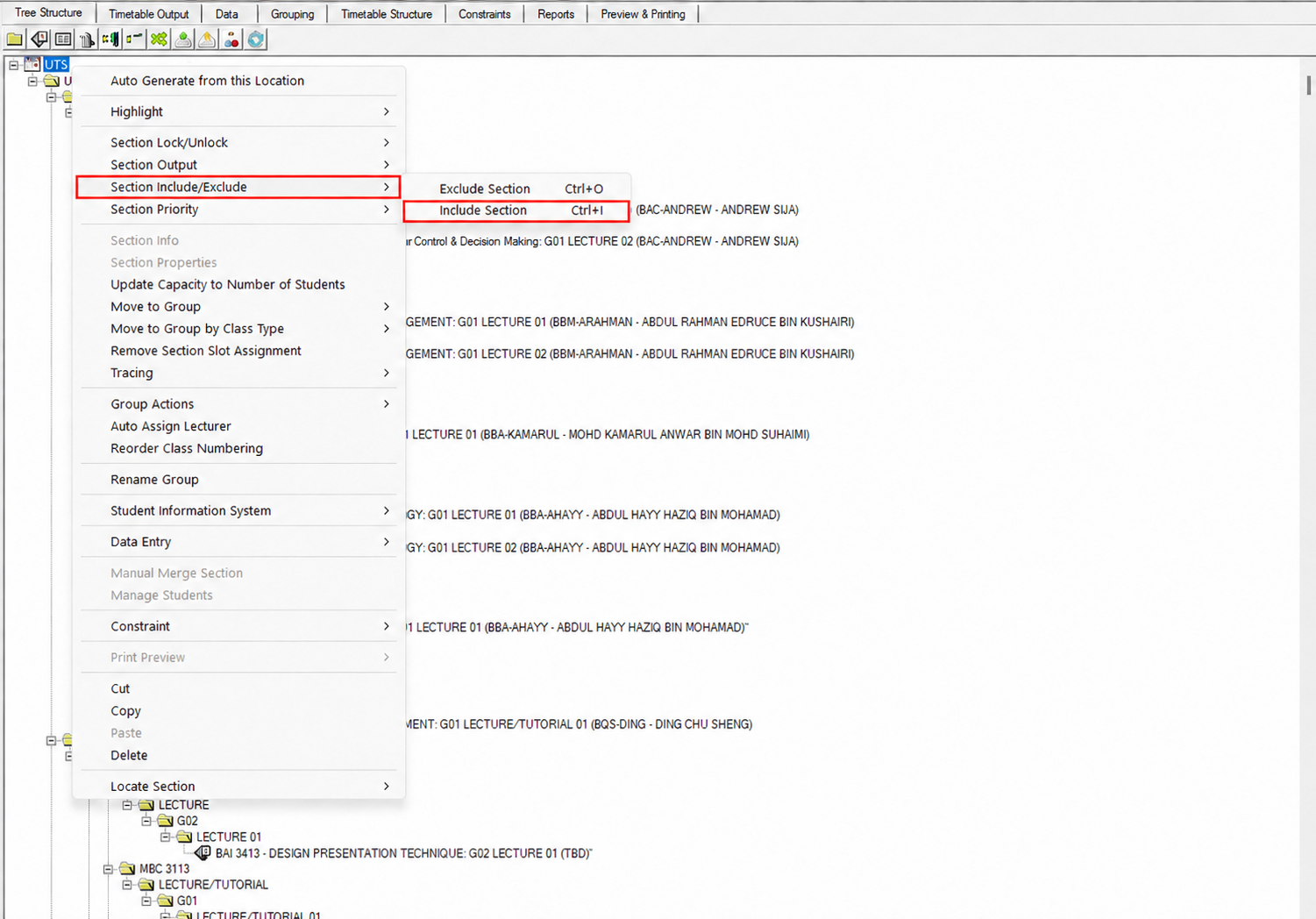 Section Include Exclude submenu in the Tree Structure with Include Section highlighted