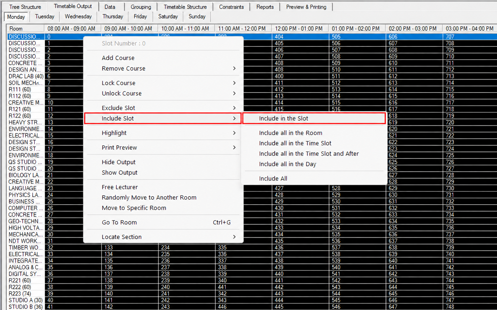 Include in the Slot option in the Include Slot submenu
