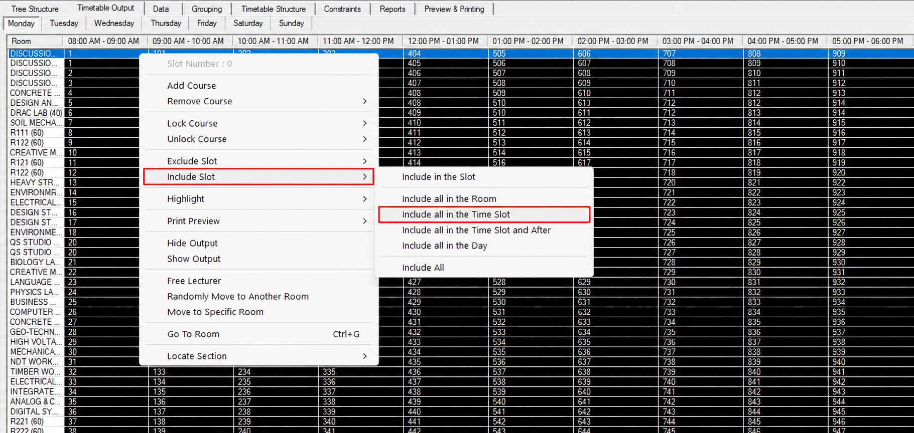 Include all in the Time Slot option in the Include Slot submenu
