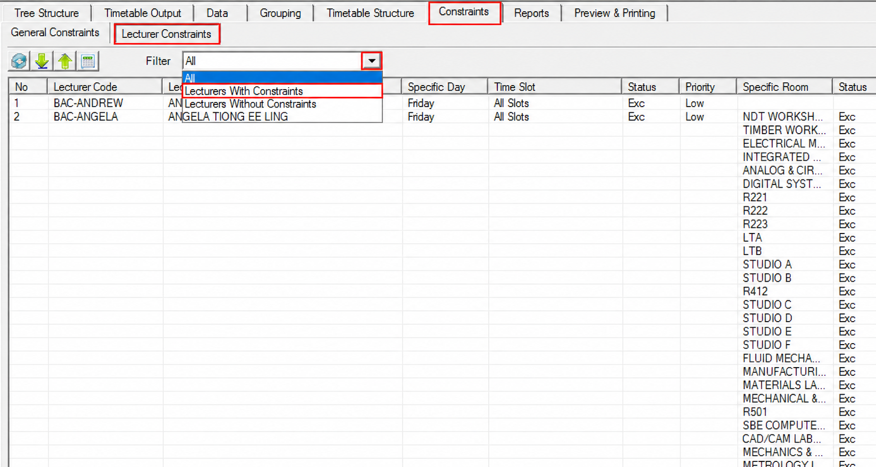 Lecturer Constraints sub-tab with the Filter drop-down set to Lecturers With Constraints