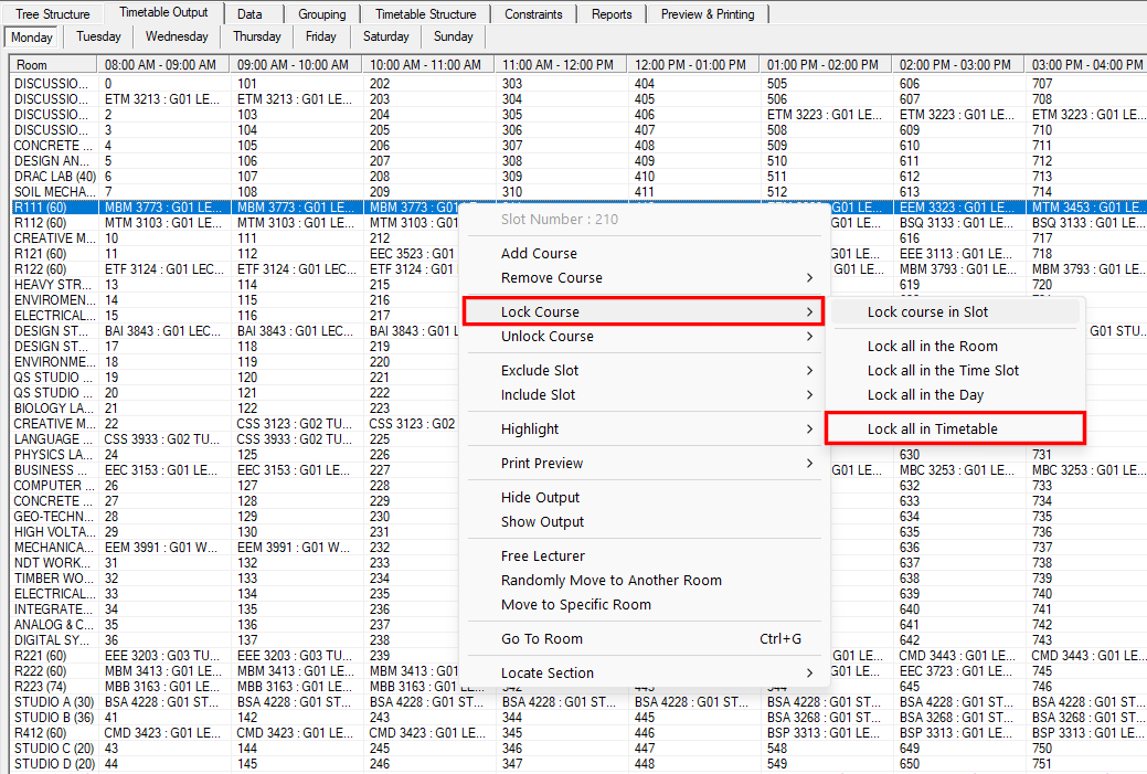 Lock all in Timetable option in the Lock Course submenu