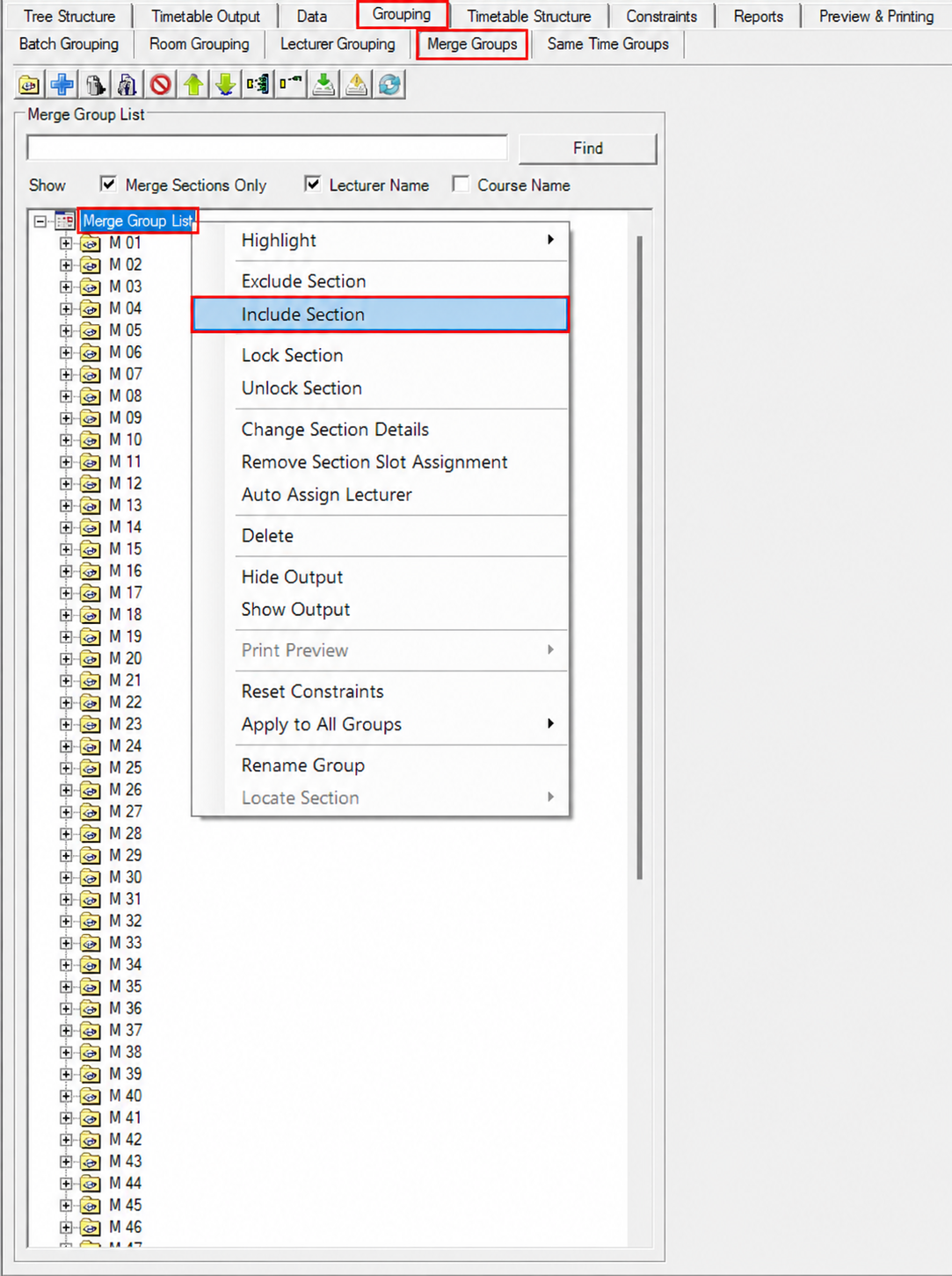 Merge Groups sub-tab with the right click menu open on Merge Group List and Include Section highlighted
