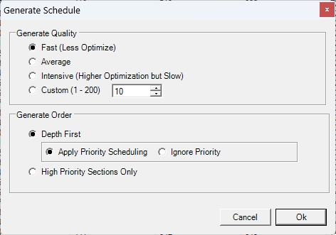 Generate Schedule window showing the Generate Quality and Generate Order options