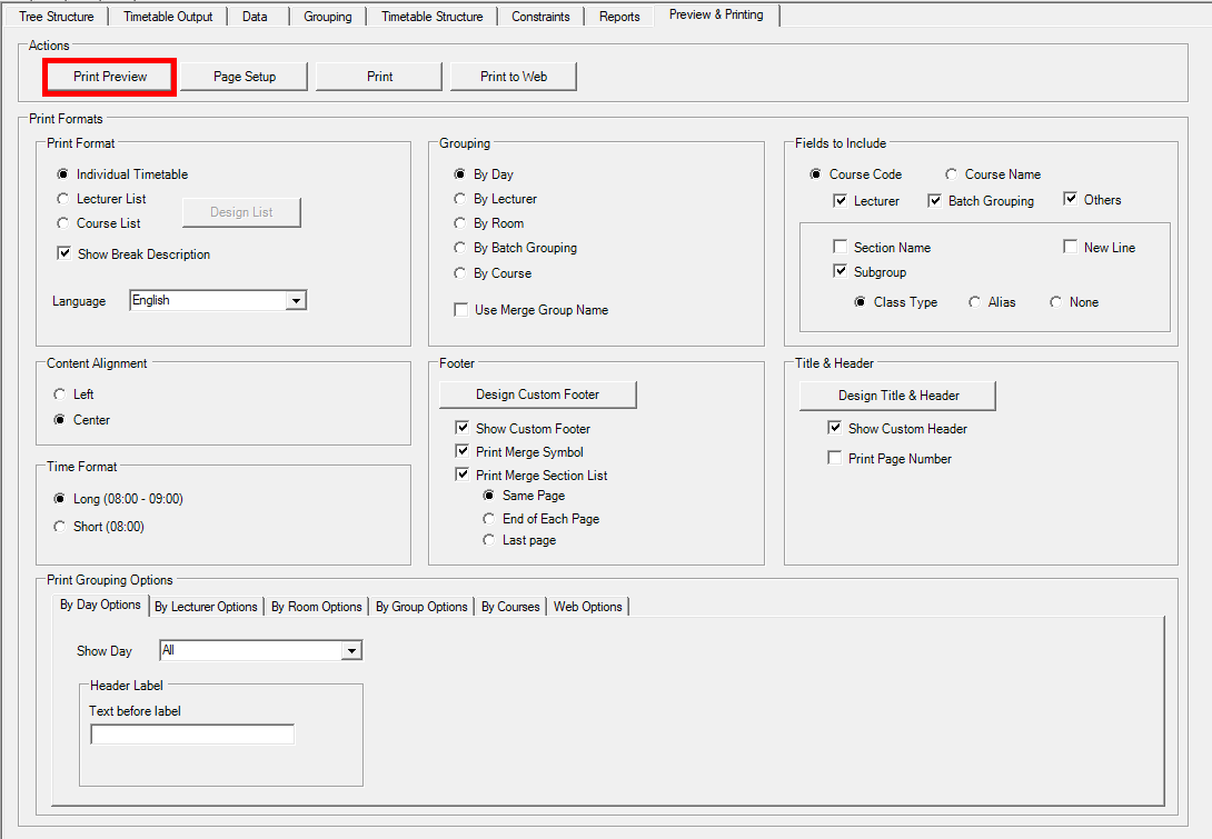 Preview and Printing tab with the Print Preview button highlighted and the Print Formats panel below
