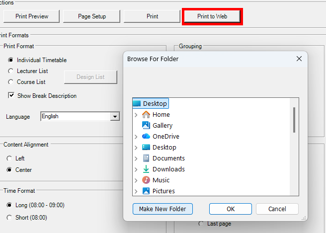 Print to Web button highlighted with the Browse For Folder window open