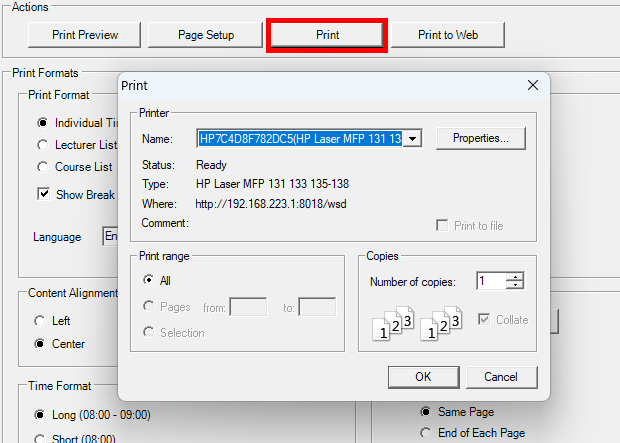 Print window with the printer name, print range and number of copies