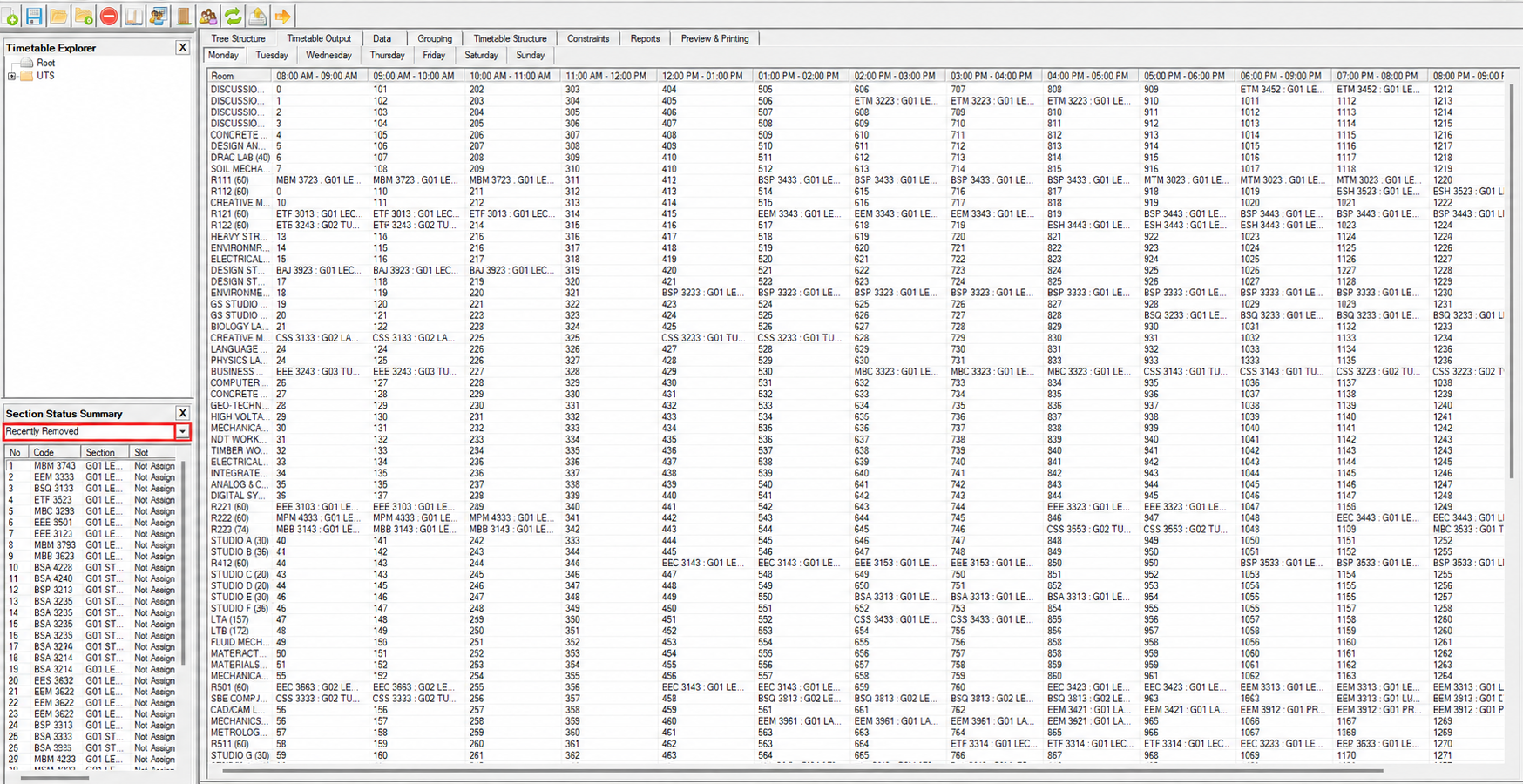Section Status Summary panel set to Recently Removed, listing the sections just taken out of their slots