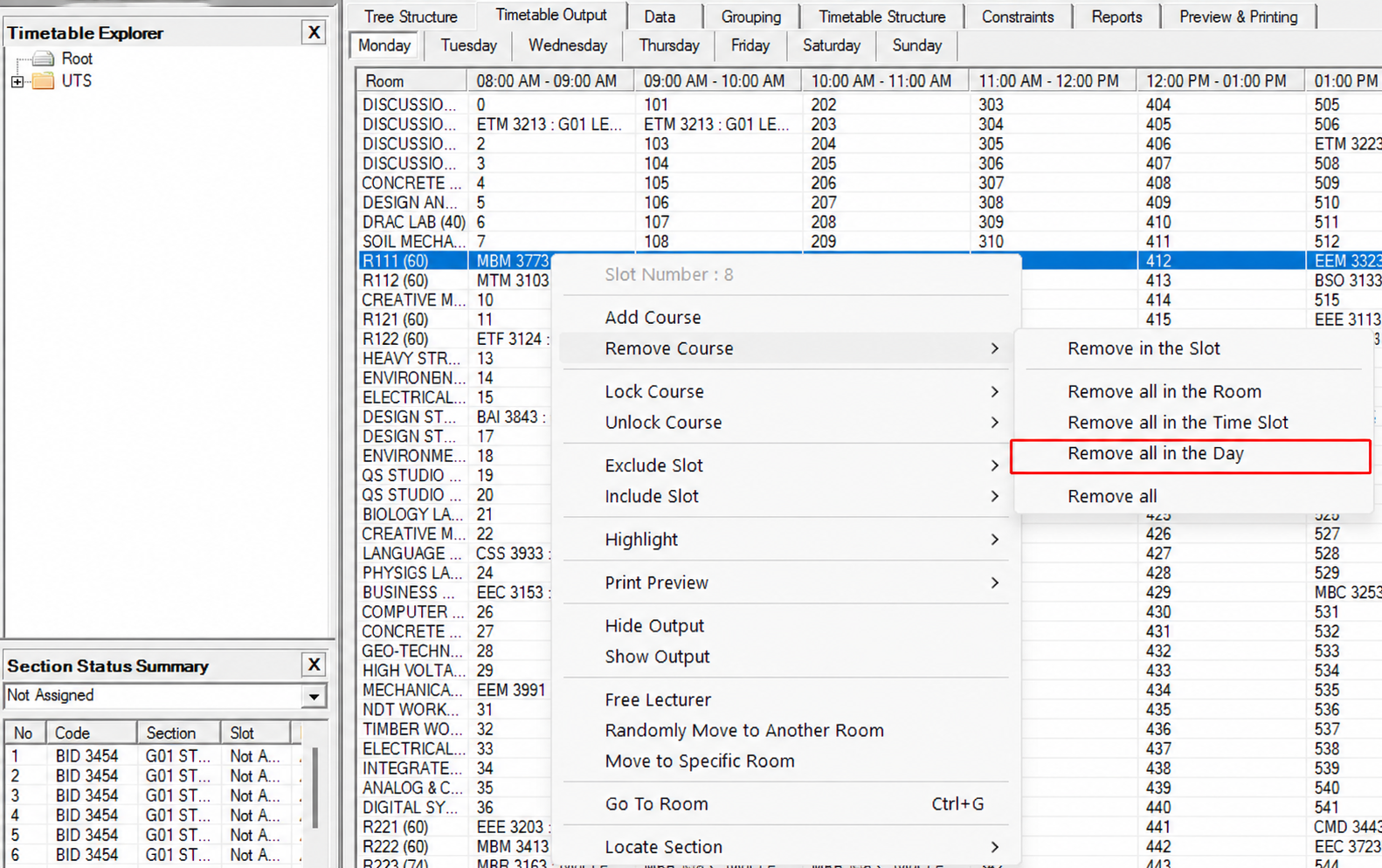 Remove all in the Day option in the Remove Course submenu
