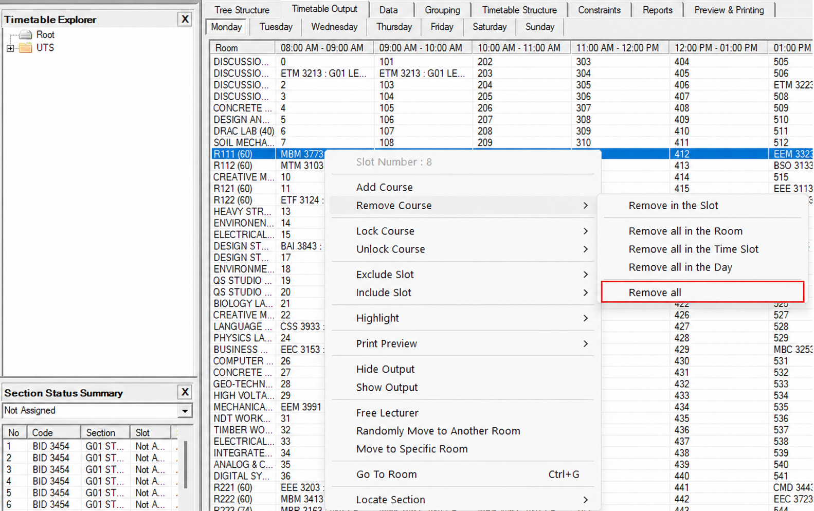 Remove all option in the Remove Course submenu