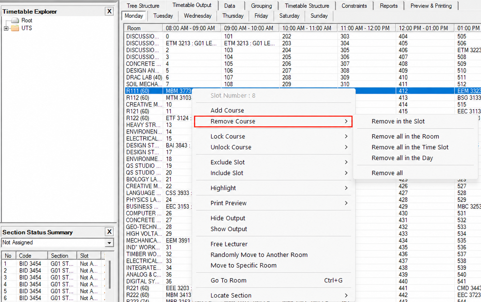 Remove Course highlighted in the right click menu with its submenu open