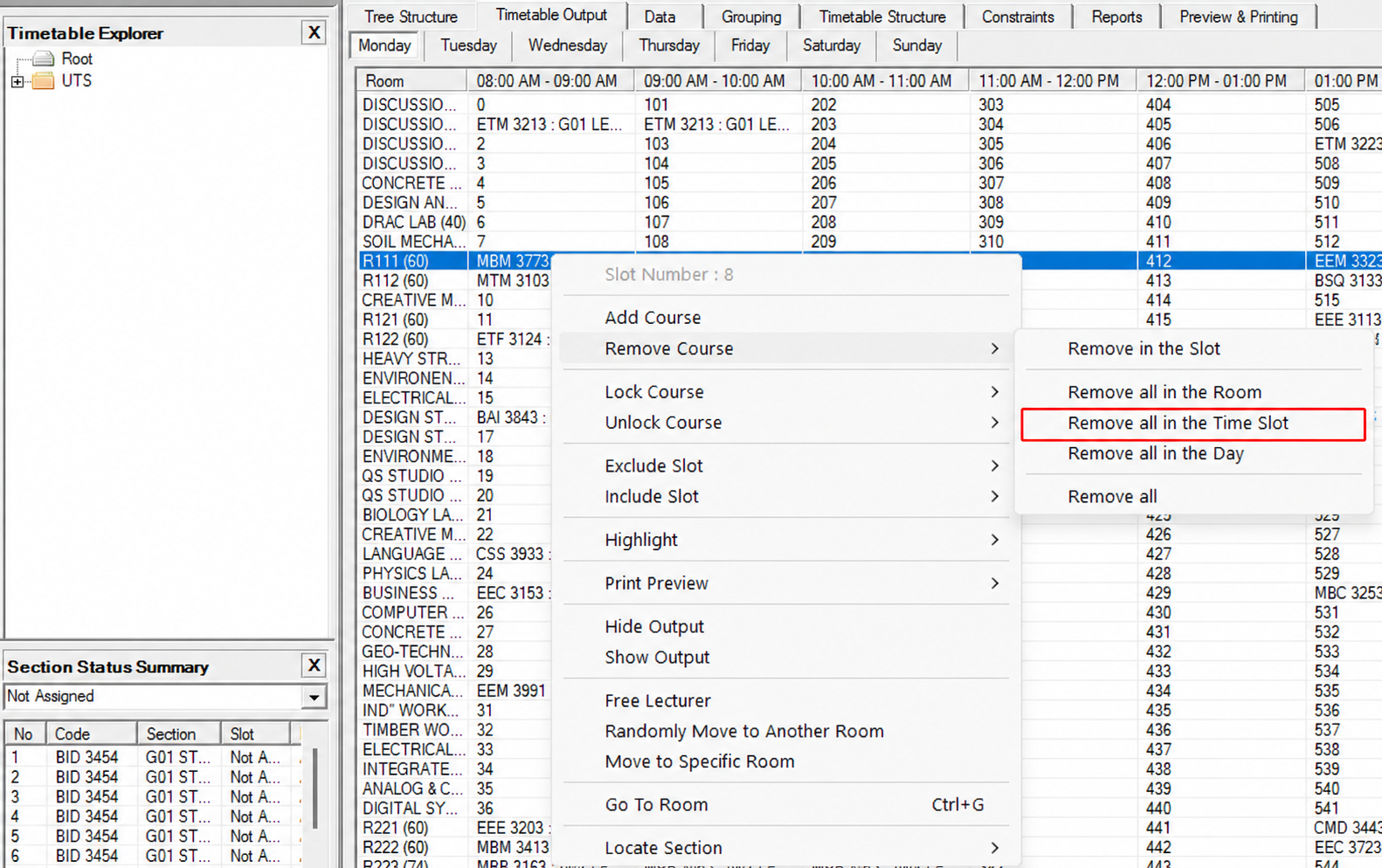 Remove all in the Time Slot option in the Remove Course submenu