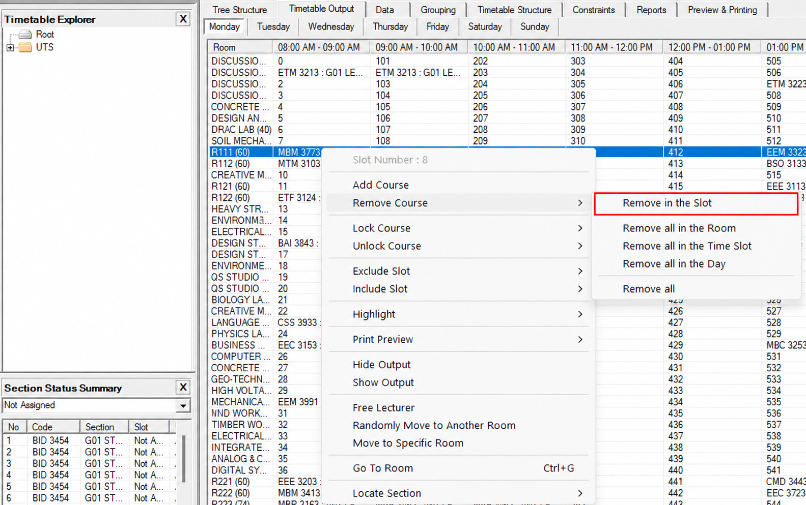 Remove in the Slot option in the Remove Course submenu