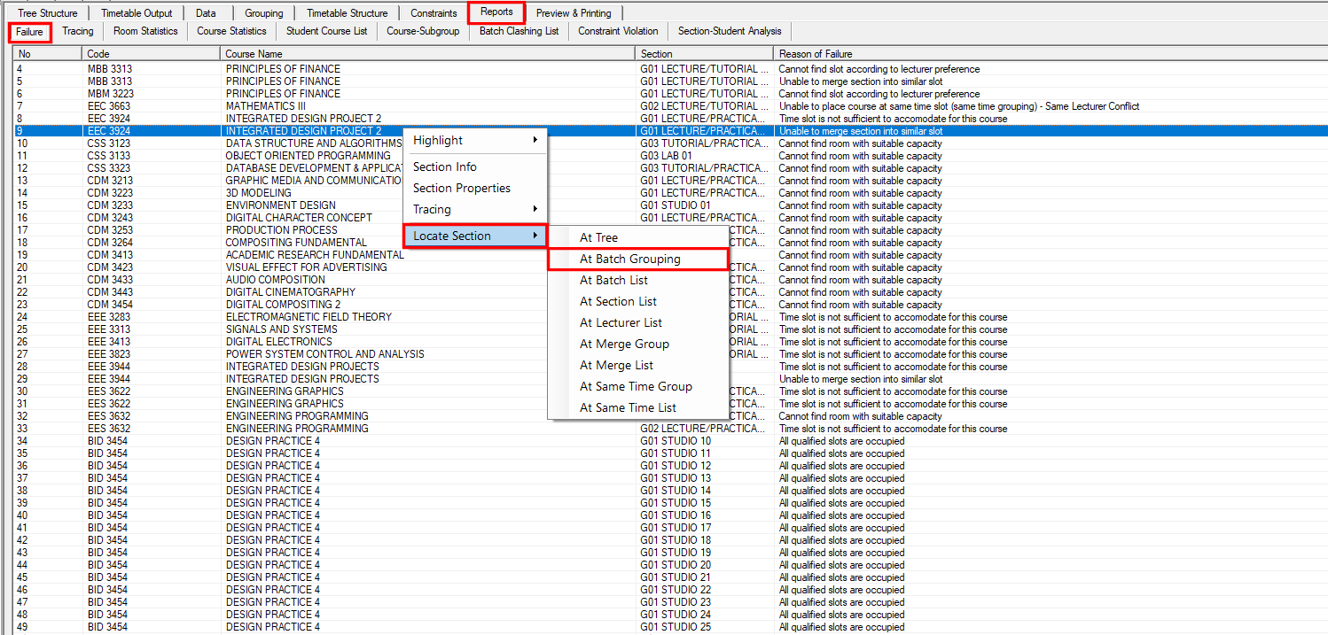 At Batch Grouping option in the Locate Section submenu of the Failure report