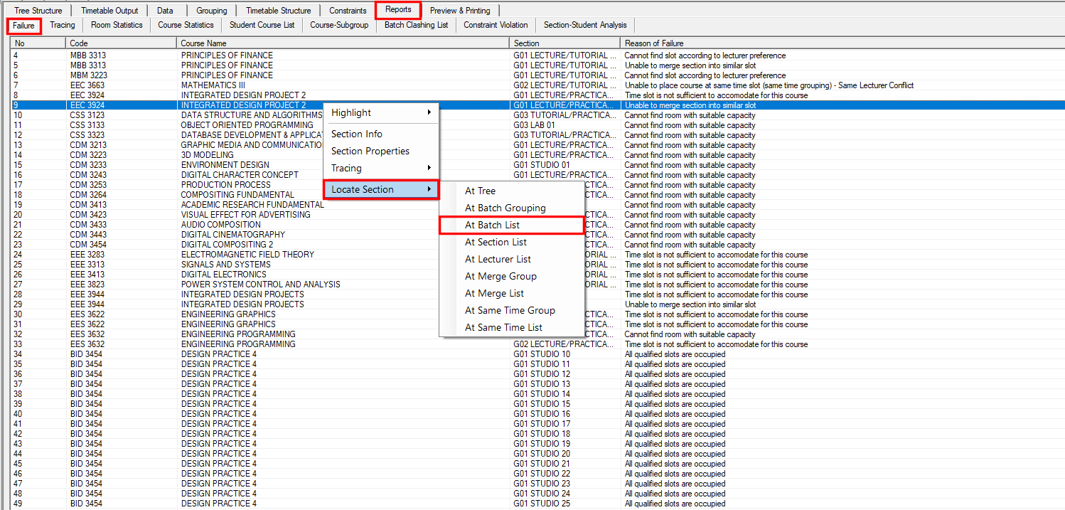 At Batch List option in the Locate Section submenu of the Failure report