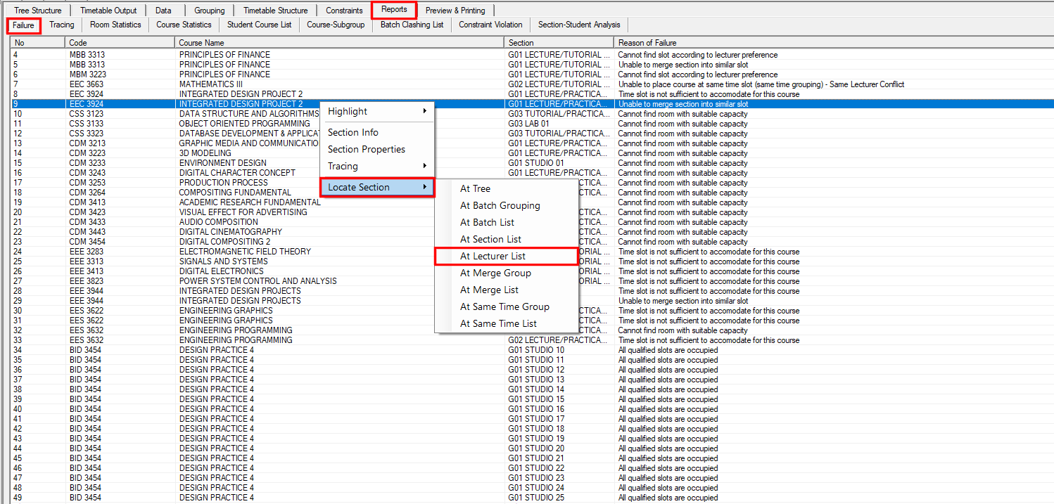 At Lecturer List option in the Locate Section submenu of the Failure report