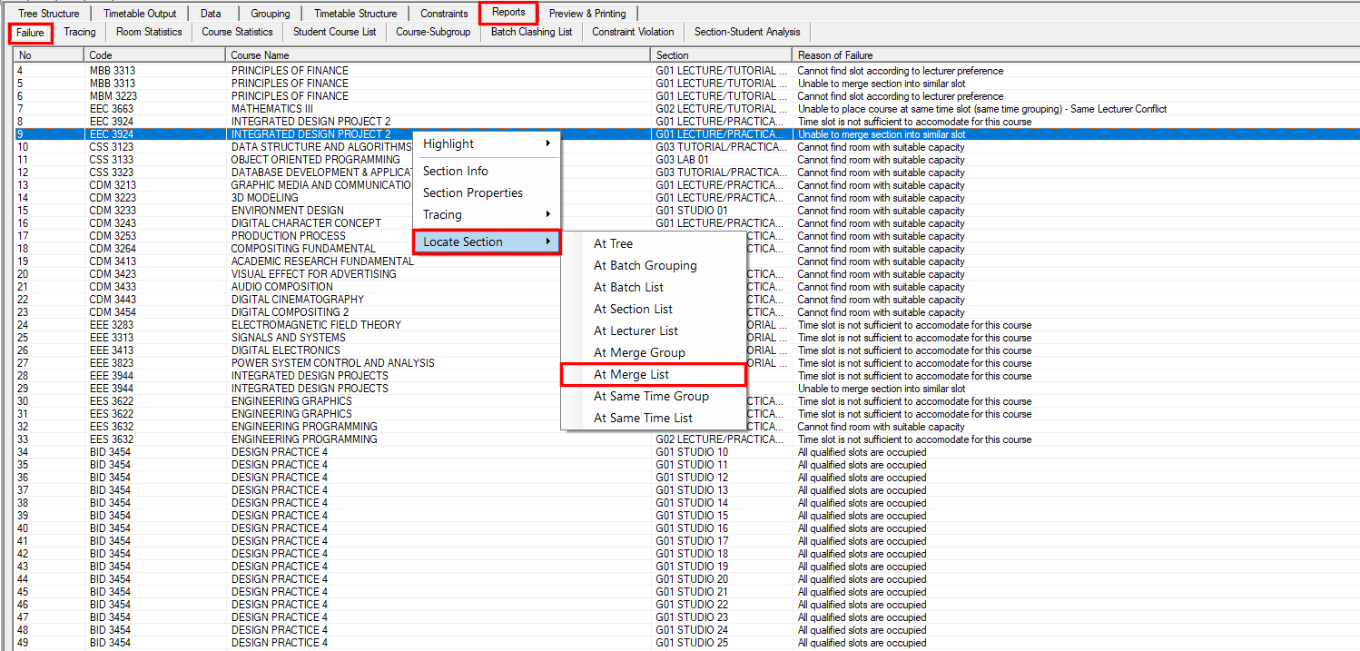 At Merge List option in the Locate Section submenu of the Failure report