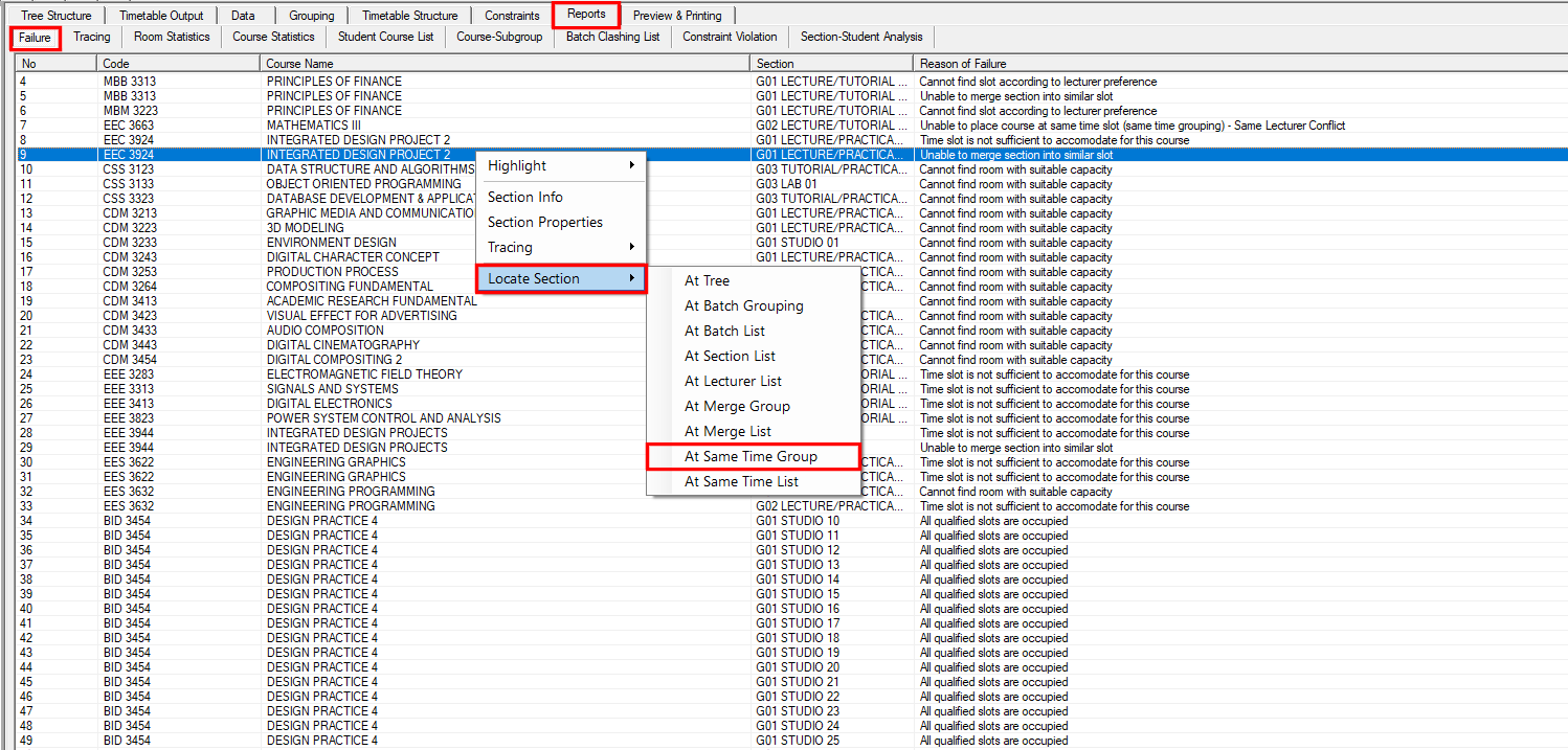 At Same Time Group option in the Locate Section submenu of the Failure report