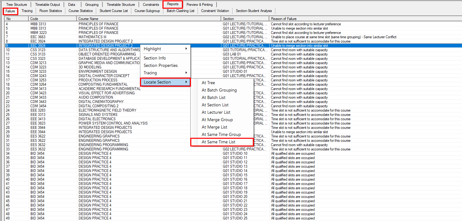 At Same Time List option in the Locate Section submenu of the Failure report