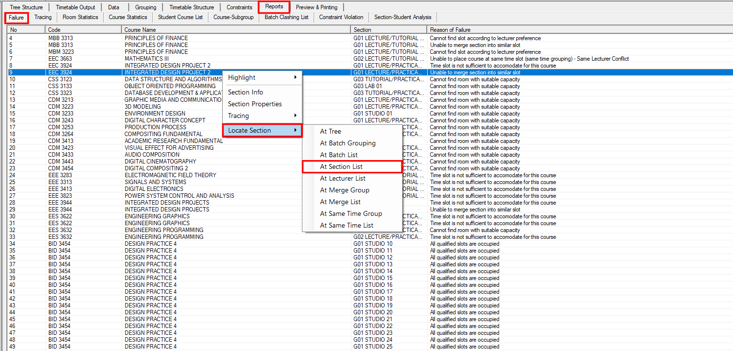 At Section List option in the Locate Section submenu of the Failure report