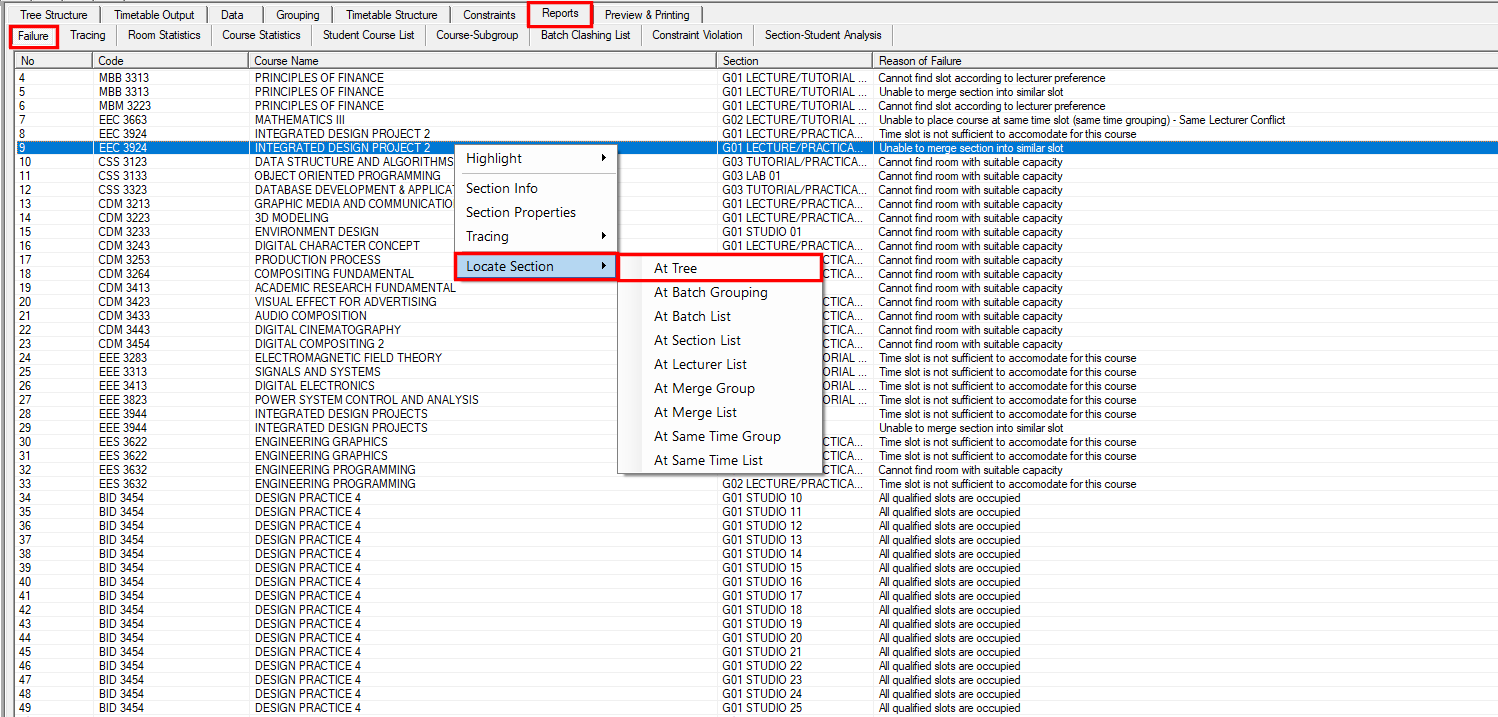 At Tree option in the Locate Section submenu of the Failure report