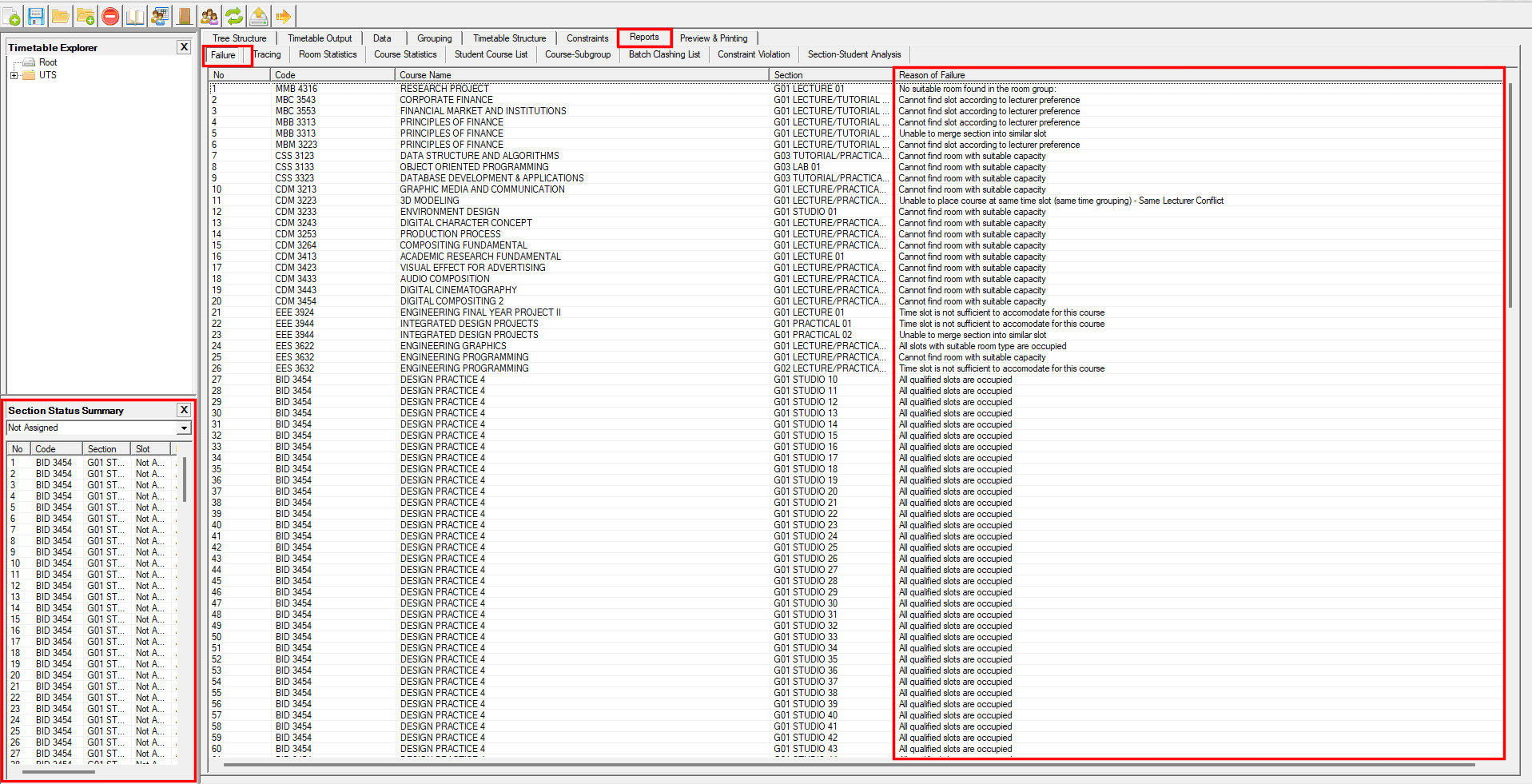Reports tab with the Failure sub-tab listing the unplaced sections and the reason for each