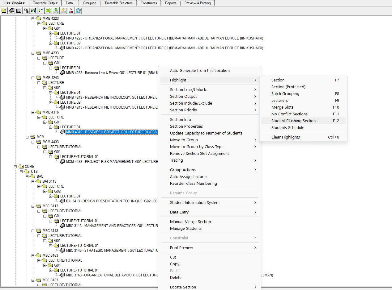 Highlight submenu with the highlighting options and Clear Highlights