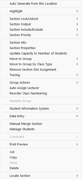 Right click context menu on a section in the Timetable Output
