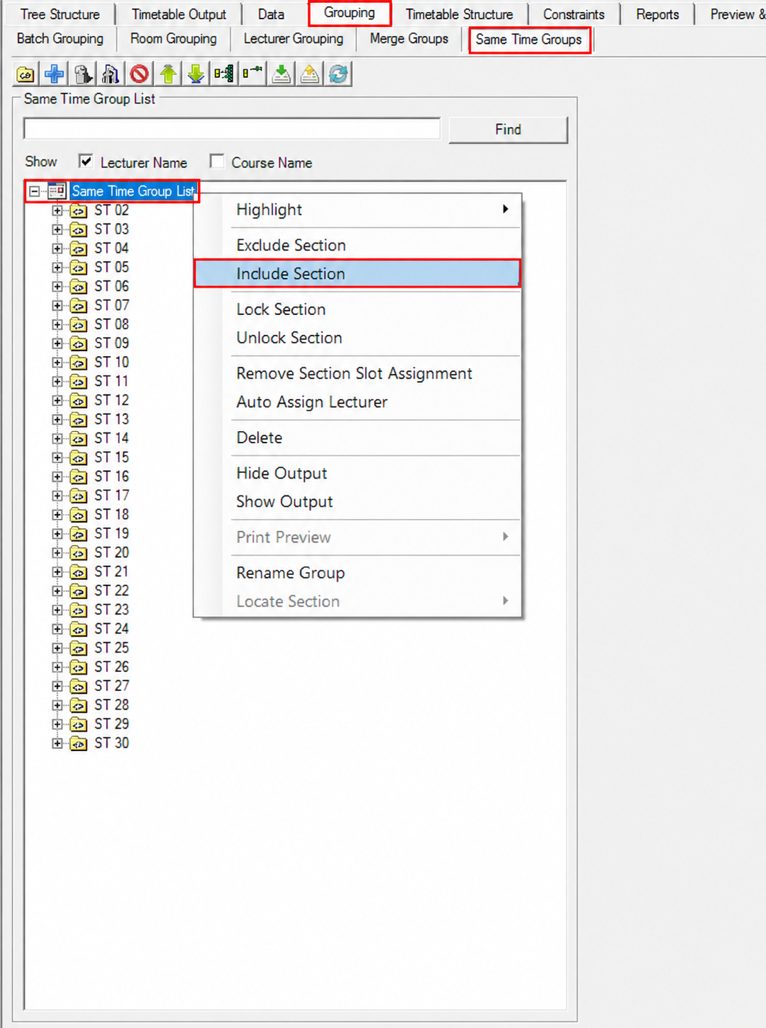 Same Time Groups sub-tab with the right click menu open on Same Time Group List and Include Section highlighted