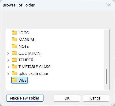 Browse For Folder window with the WEB folder selected