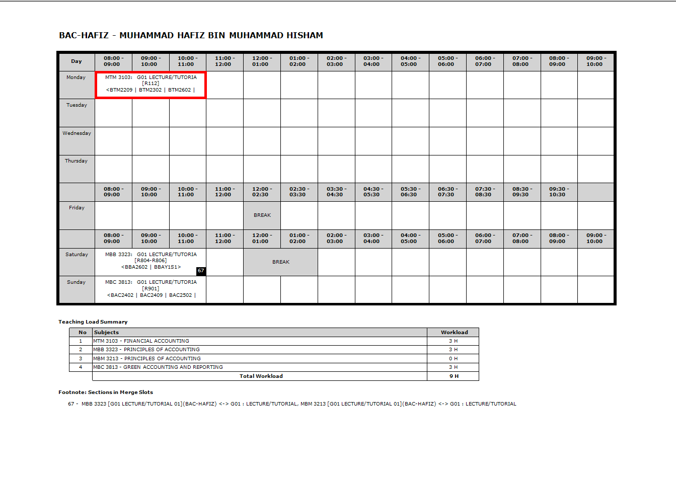 The same lecturer timetable output with the course shown in the slot again