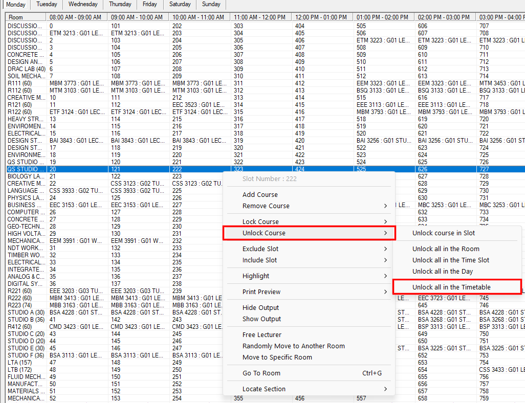 Unlock all in the Timetable option in the Unlock Course submenu