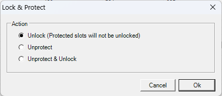Lock and Protect window with the Unlock, Unprotect and Unprotect and Unlock actions